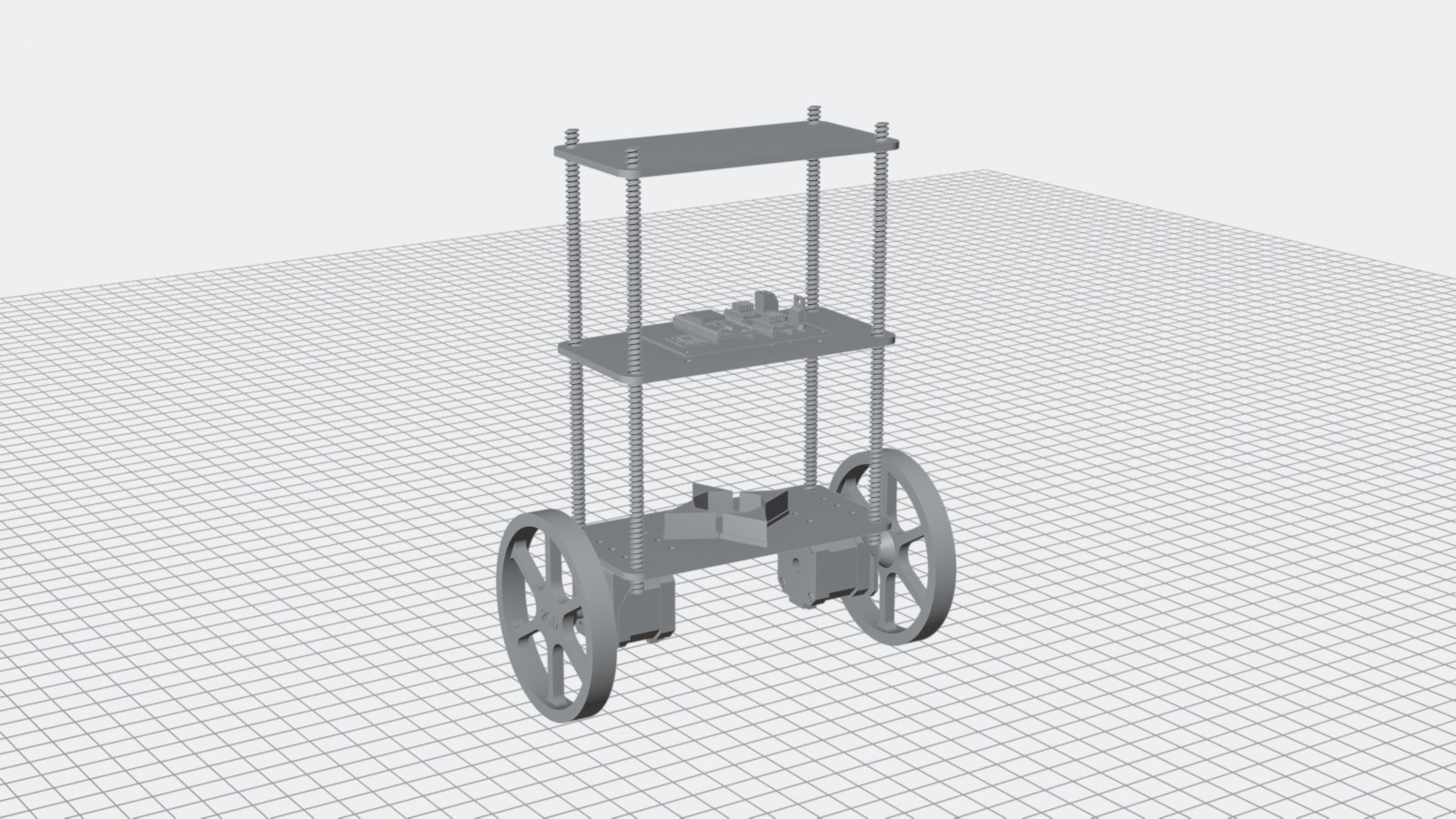 Robotens CAD-modell i grått på ett rutnät: två hjul, två motorer och tre plattor på gängstänger.